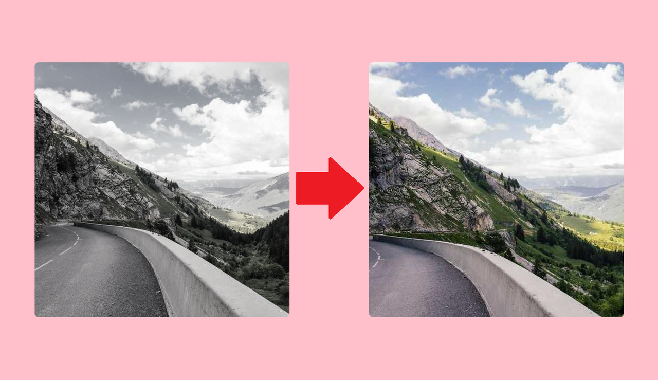 Showing before and after using transitioning effects on an image. The first/left part shows a black and white photo. The second/right part shows the same photo in color, and zoomed in.