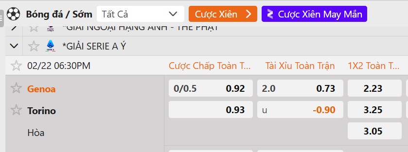 Tỷ lệ kèo Genoa vs Torino