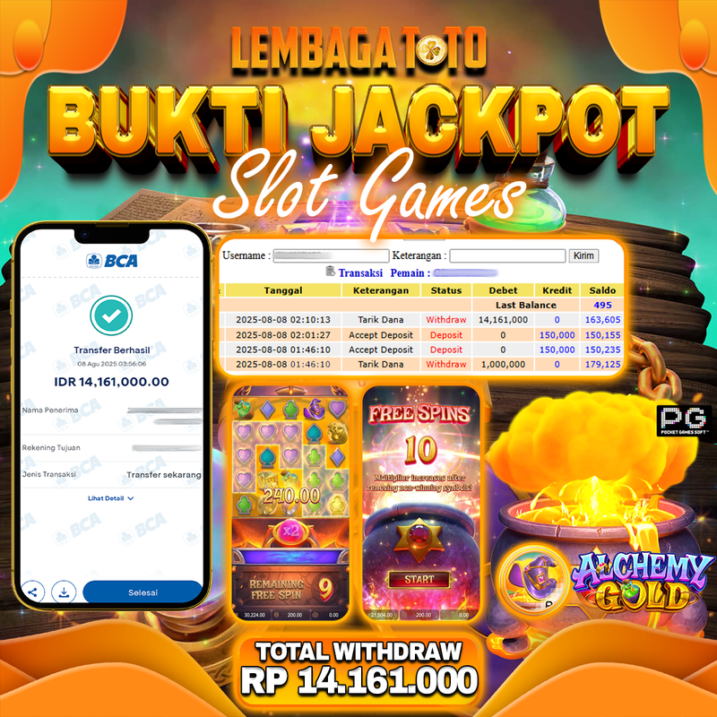 BUKTI JACKPOT 09 AGUSTUS LEMBAGATOTO ALCHEMY GOLD  Rp.14.161.000,- LUNAS