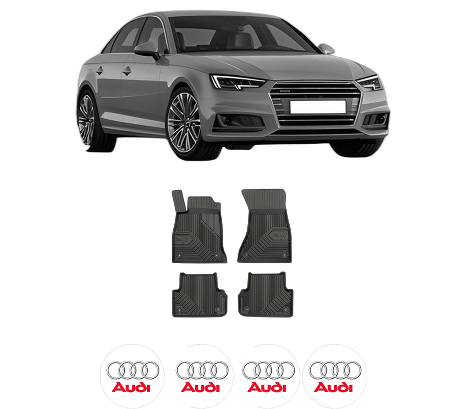 Set covorase presuri AUDI A4 | B9 din 2017-2021, auto, din cauciuc thermoplastic, 4 Stickere auto cu AUDI
