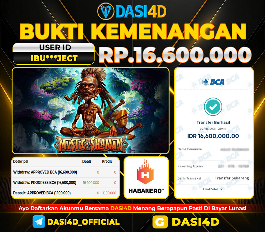 BUKTI KEMENANGAN 30 AGUSTUS 2025 DI  MYSTIC SHAMAN  RP. 16.600.000