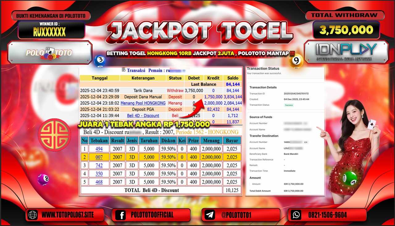 POLOTOTO JACKPOT TOGEL MENANG HONGKONG LOTTO Rp.3.750.000,- LUNAS