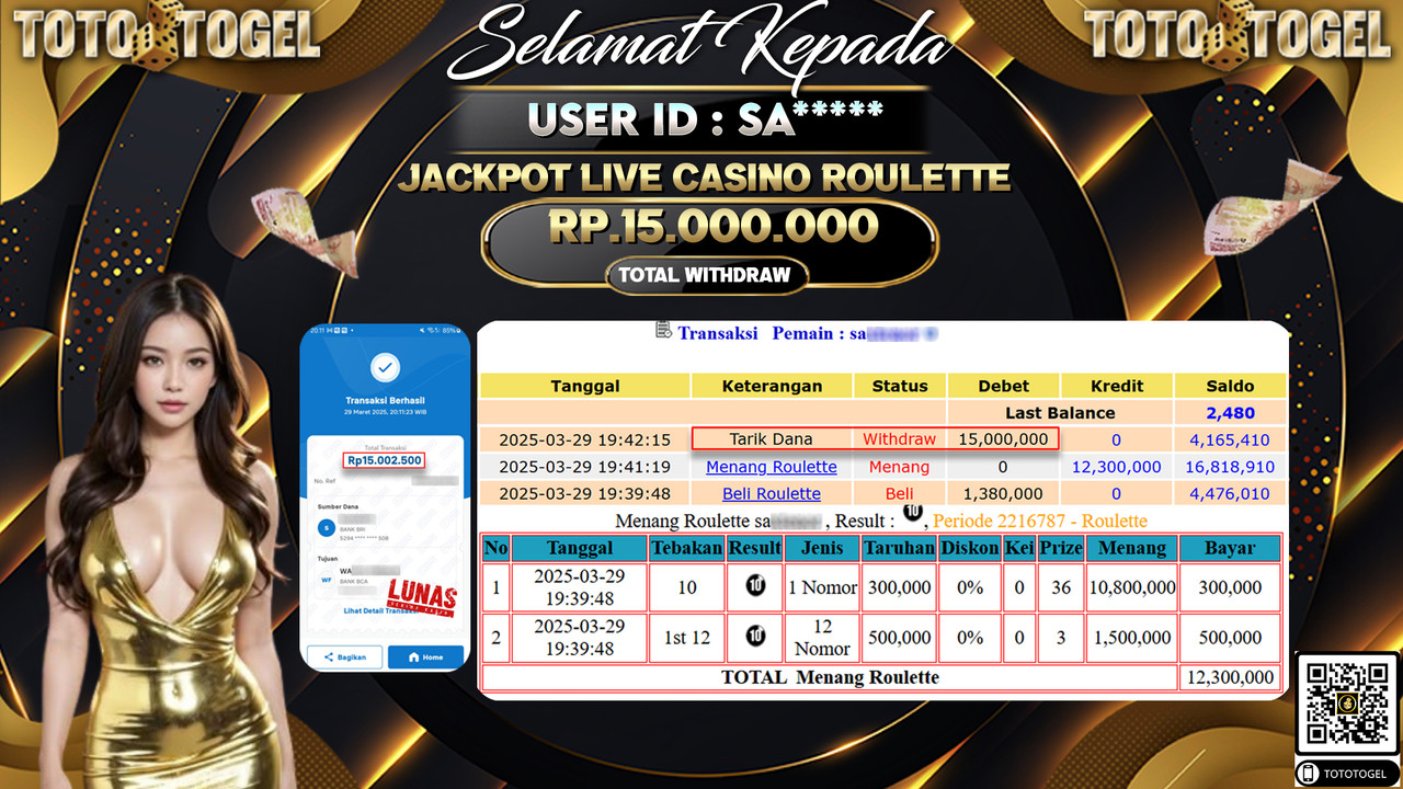 Bukti Pembayaran Jackpot  Permainan Live Casino Roulette ID:SA**** LUNAS
