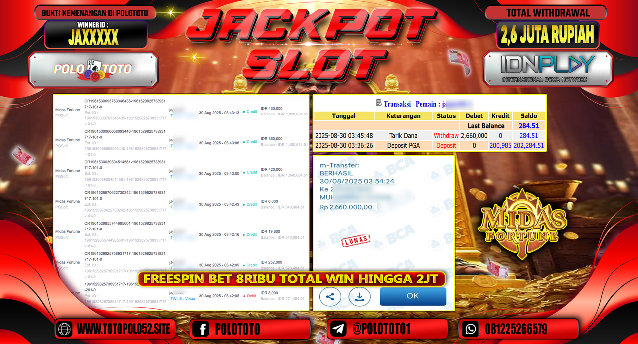 POLOTOTO JACKPOT SLOT MIDAS FORTUNE Rp.2.660.000,-