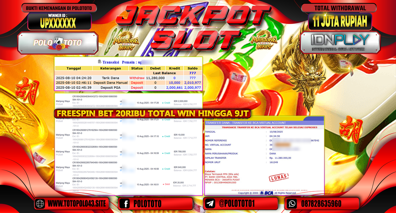 POLOTOTO JACKPOT SLOT MAHJONG WAYS Rp.11.000.000,-LUNAS