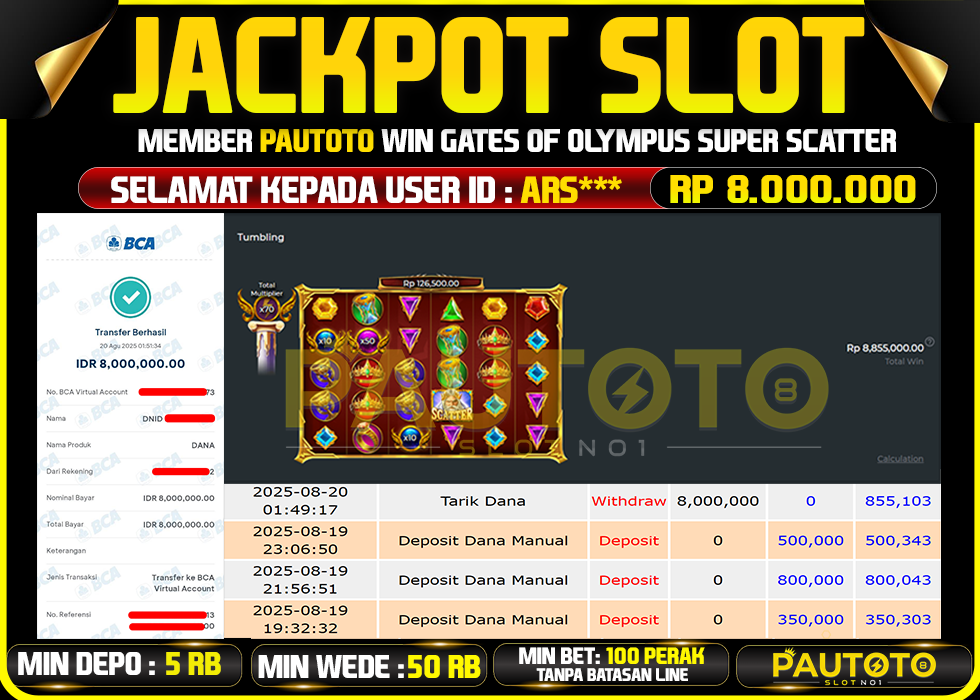 BUKTI PEMBAYARAN TGL 19 AGUSTUS 2025 MENANG DI PERMAINAN GATES OF OLYMPUS SUPER SCATTER TOTAL WD 8 JUTA