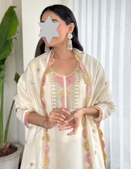 RIVA New Desiner Embrodred Latest Fashion Cream Color Kurti With Bottom Or Dupatta Set Color 1 (KS114)