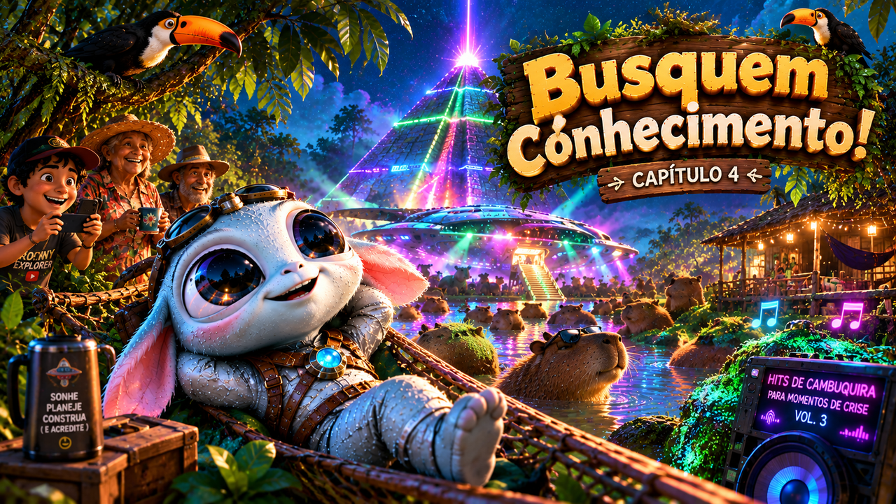 Ilustração do Capítulo 4 de ET Bilú e suas aventuras em Ratanabá: Busquem Conhecimento! O simpático alienígena Bilú flutuando em seu terno prateado diante das pirâmides luminosas de Ratanabá, cercado por ribeirinhos, animais amazônicos e luzes néon na floresta.
