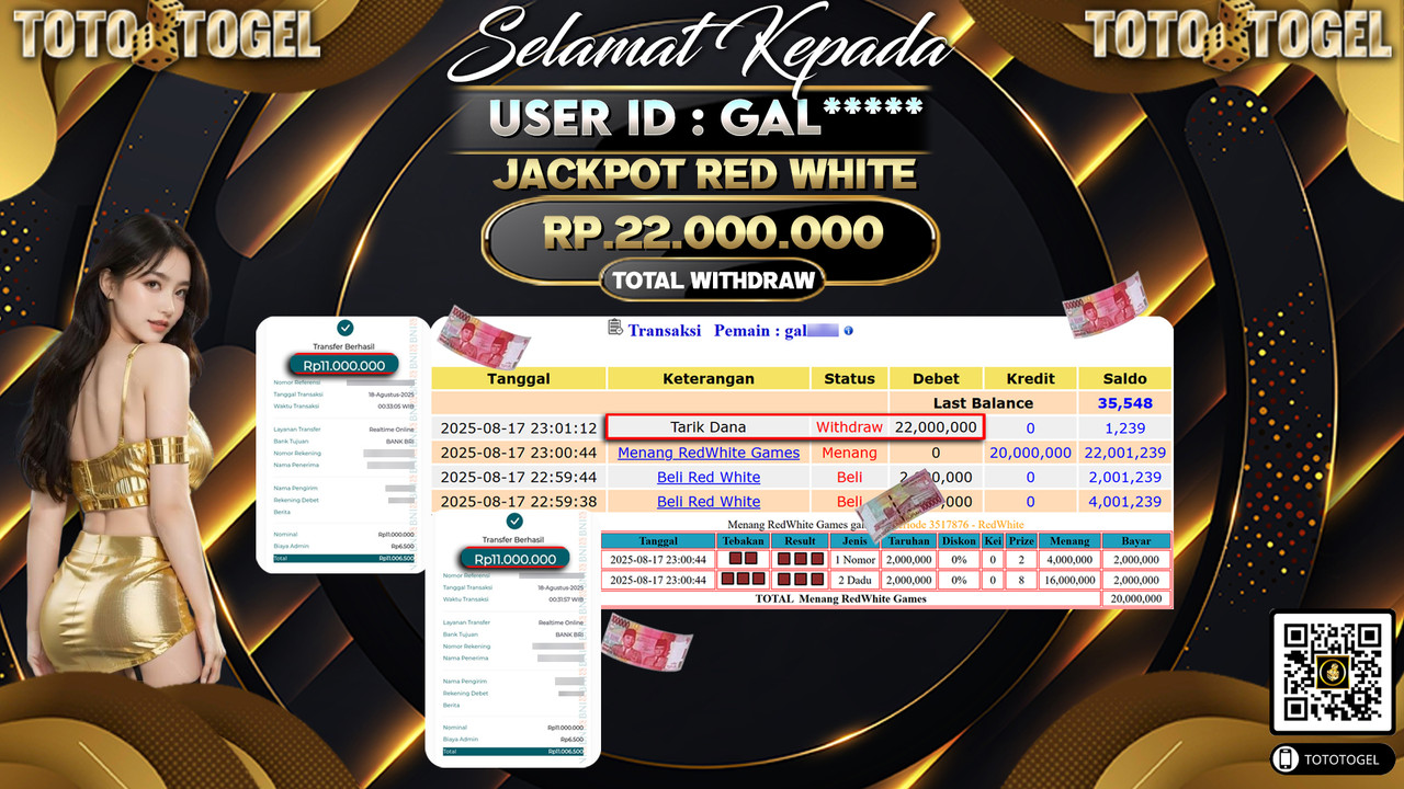 Bukti Pembayaran Jackpot Permainan Live Game Red White ID:GAL***** LUNAS