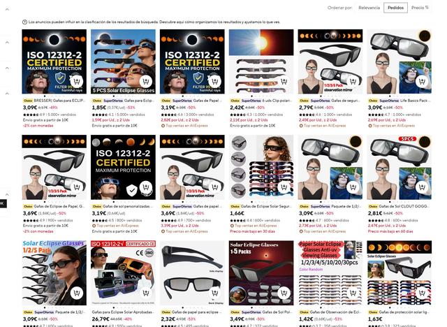 estudio calidad gafas eclipse en Aliexpress