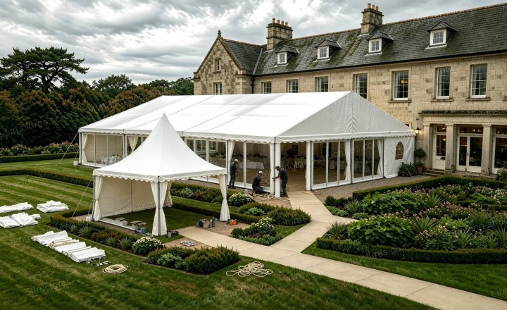 Elegant wedding tent interior with banquet table setting