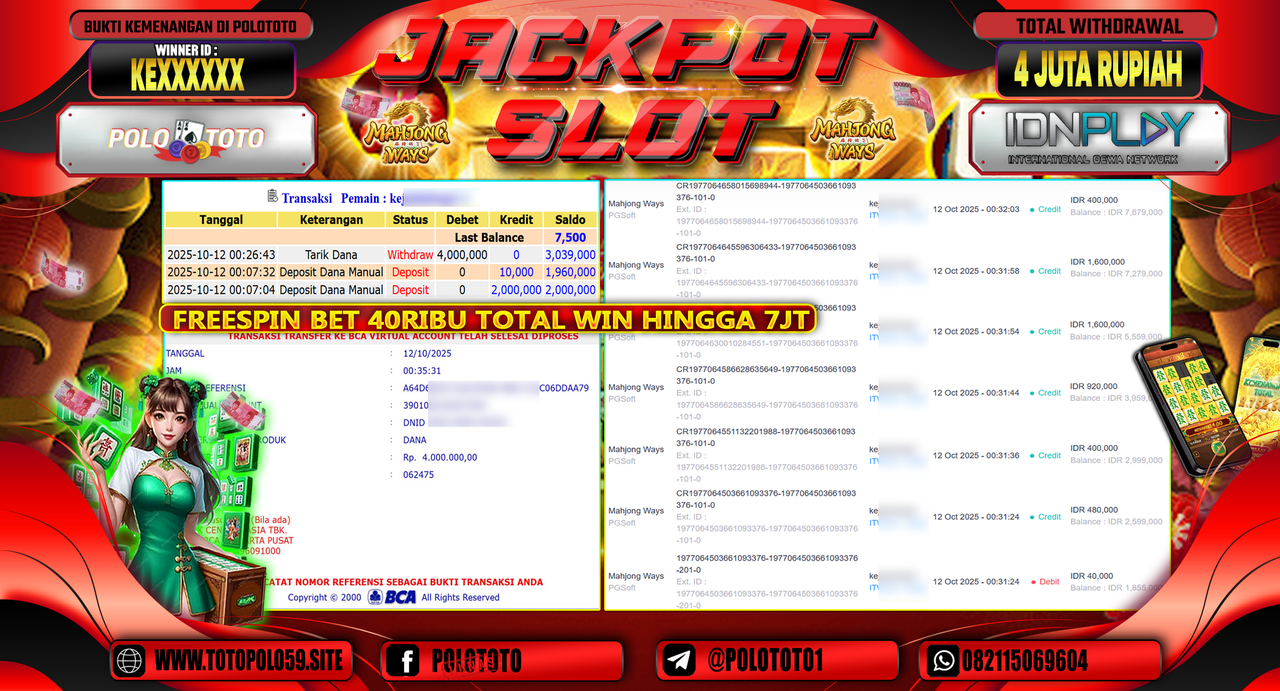 POLOTOTO JACKPOT SLOT MAHJONG WAYS Rp.4.000.000,- LUNAS