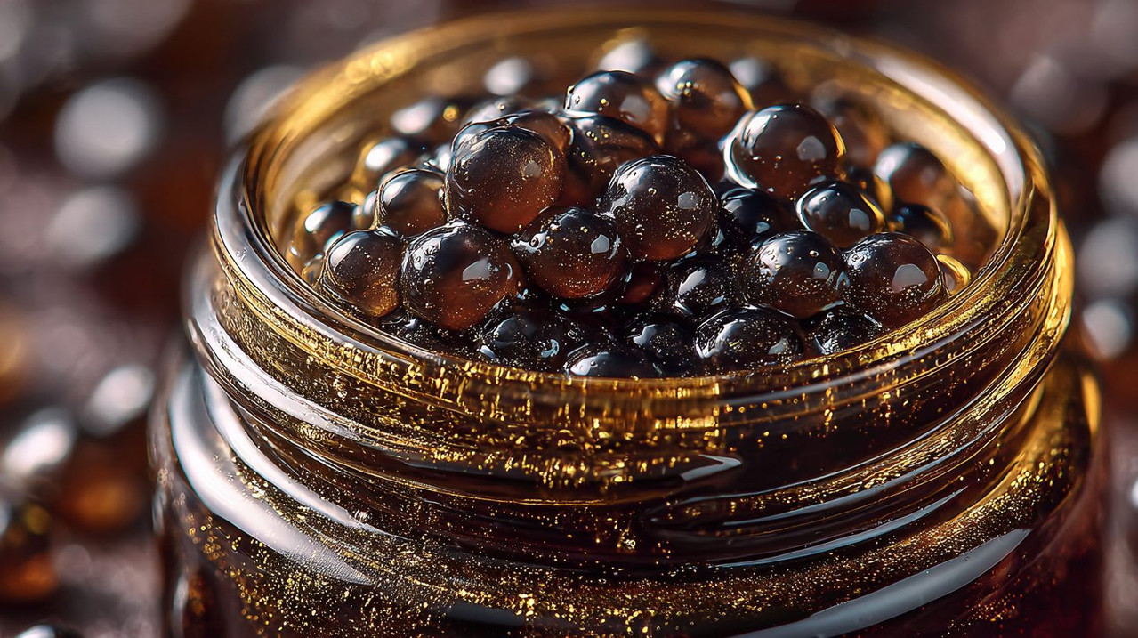 Банка с черной икрой открытая, показывающая зернышки крупным планом