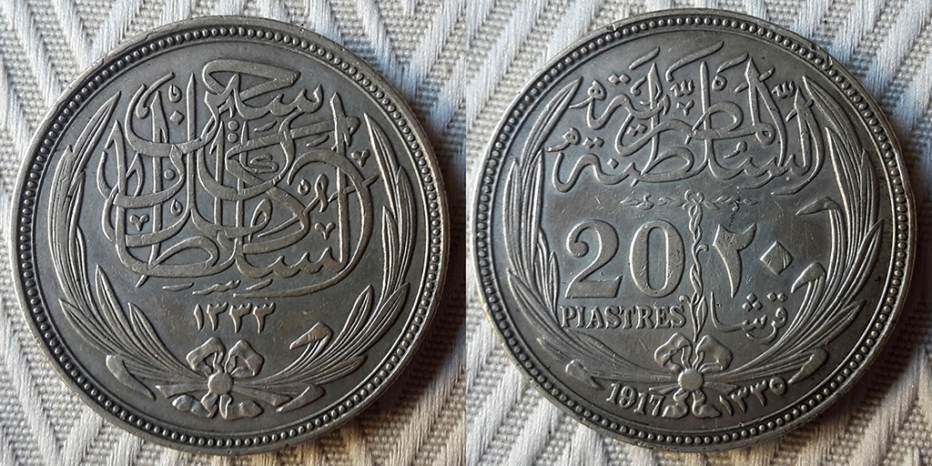 20 piastras. Sultanato de Egipto. 1917 (1335 AH). 20191004-103951b