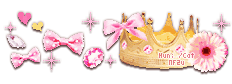 A golden crown with pink gems, a pink bow, and a pink flower. To the left are pink bows, gems, a diamond, and sparkles twinkling.