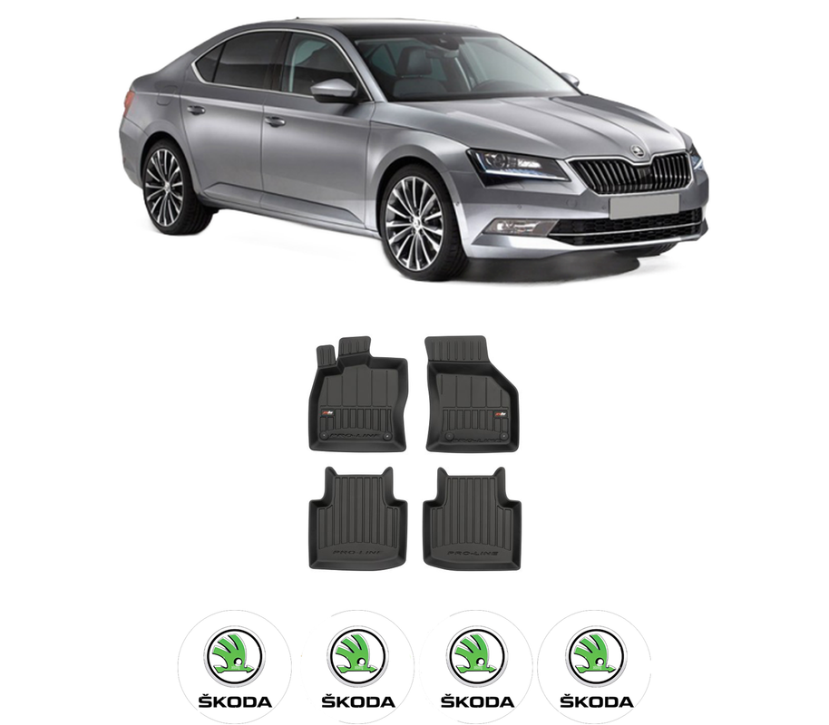 Set covorase presuri SKODA SUPERB III din 2008-2015, auto, din cauciuc thermoplastic, 4 Stickere auto cu SKODA