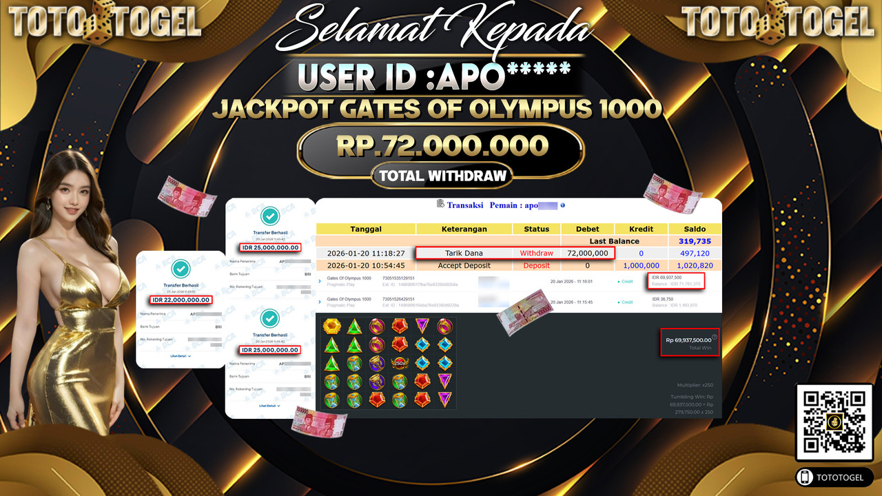 Bukti Pembayaran Jackpot Permainan Slot Gates Of Olympus 1000 ID:APO*****LUNAS
