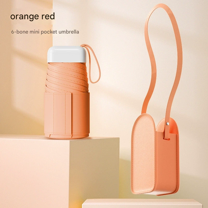 Mini Pocket Umbrella with Matching Crossbody Bag - UV Protection, 6-Rib Windproof Design(Orange)