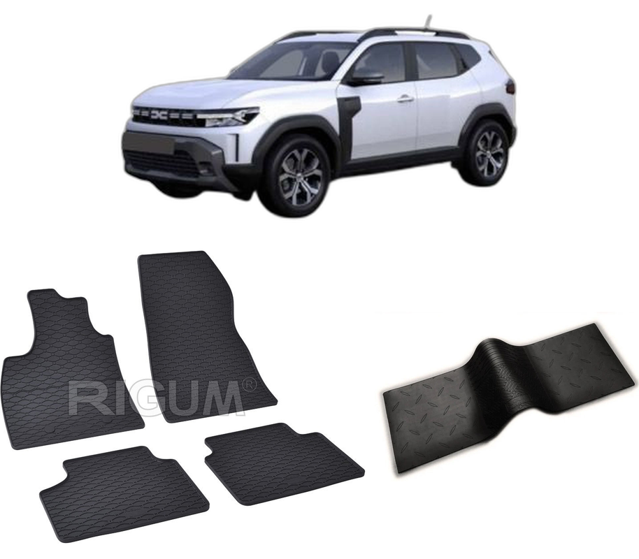 Set covorase auto DACIA DUSTER III LPG din 06.2024-PREZENT, cu covoras tunel median, CAROSERIE SUV, Presuri cauciuc 100%, compatibil cu autoturismul DACIA DUSTER III LPG, Rigum