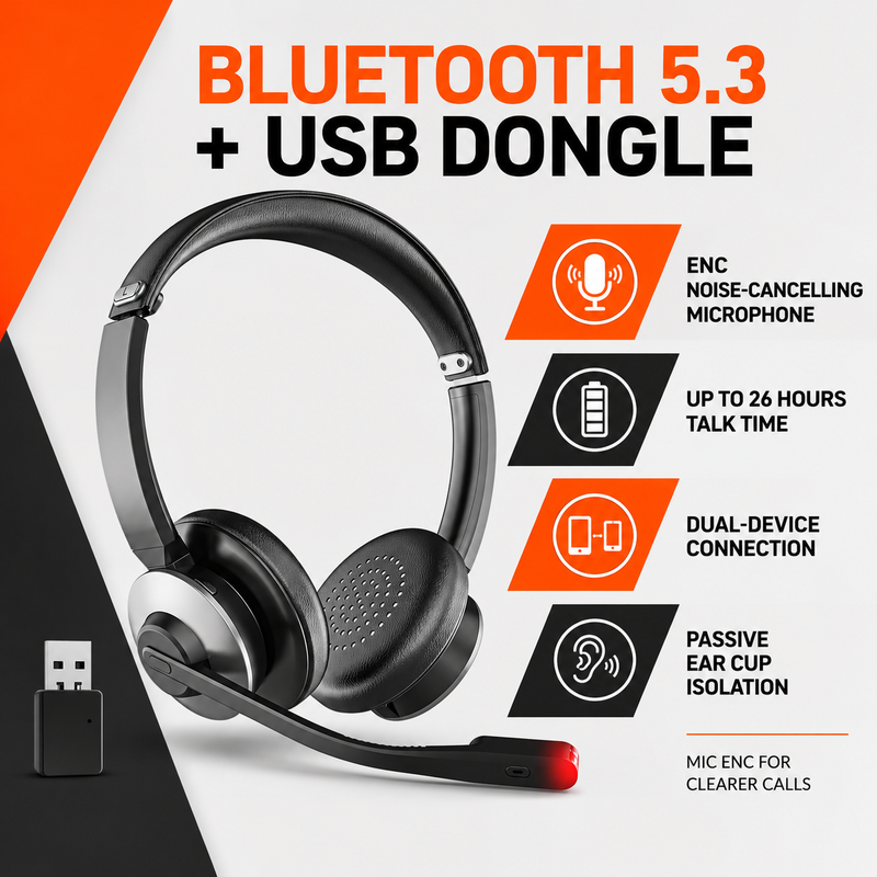 Earbay Bluetooth 5.3 wireless on-ear headset with microphone and USB dongle