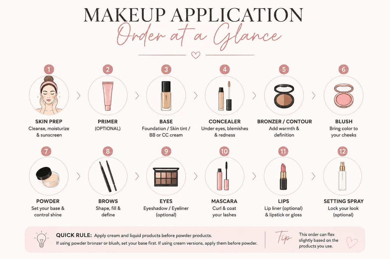 how to apply makeup step-by-step for beginners with picture, Makeup application order for beginners from skin prep to setting spray