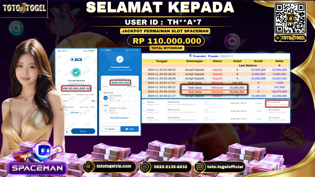 Bukti Pembayaran Jackpot Permainan Slot Spaceman  ID: TH**A*7 LUNAS 