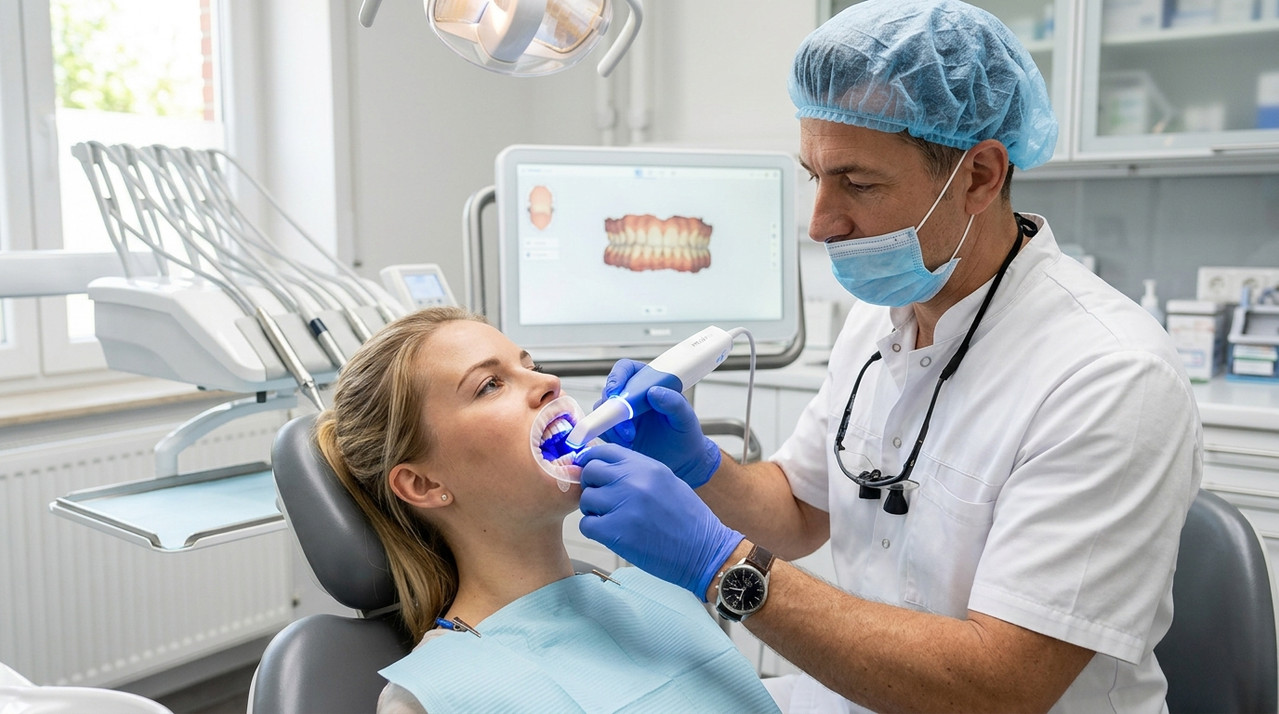 Стоматолог проводит диагностику зубов с использованием интраорального сканера