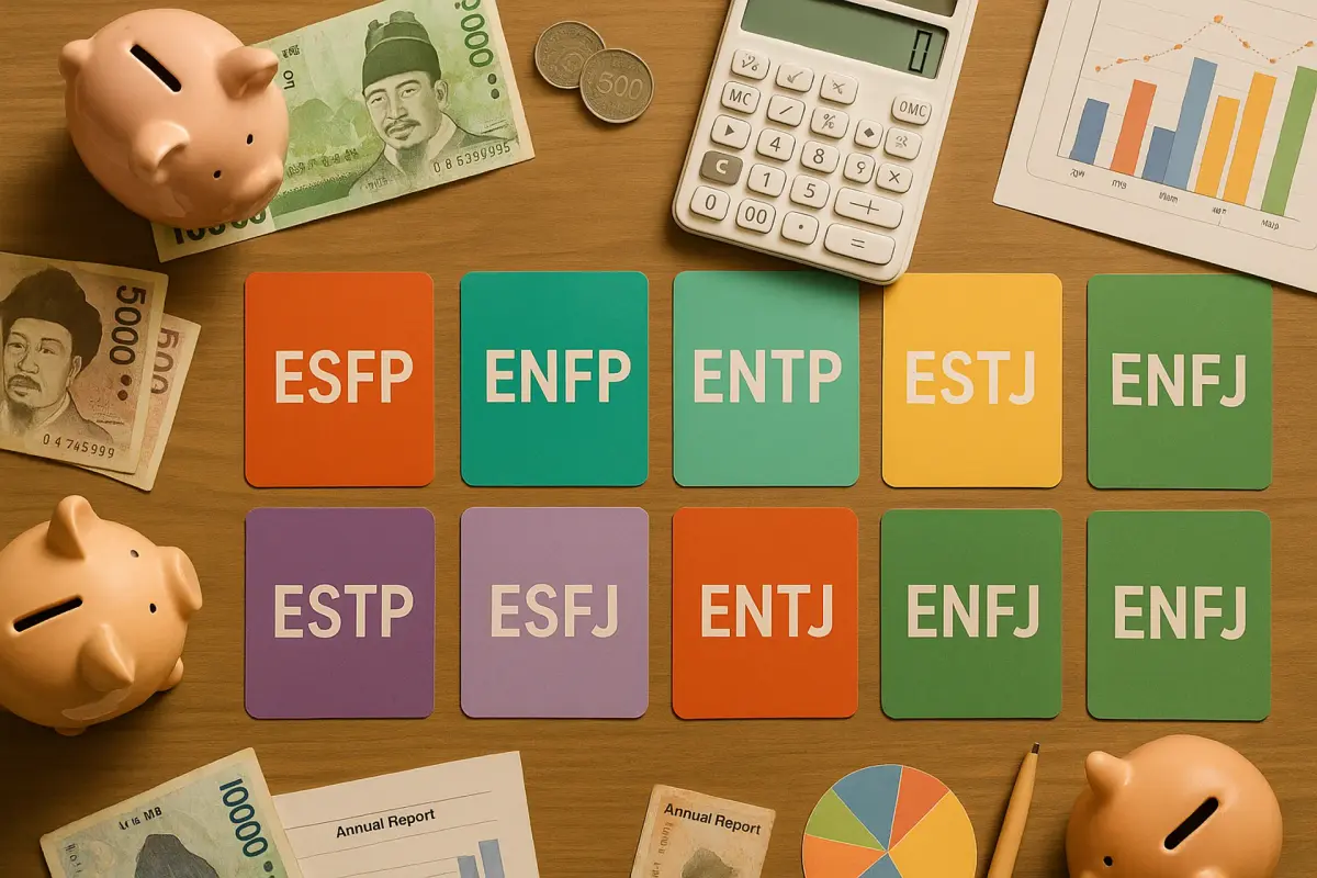 MBTI 외향형 성격별 재테크 전략을 나타내는 책상 위 재정 도구들과 카드 이미지