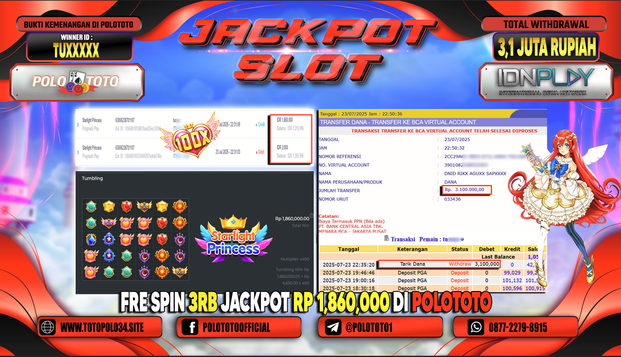 POLOTOTO JACKPOT SLOT STARLIGHT PRINCESS Rp.3.100.000,-