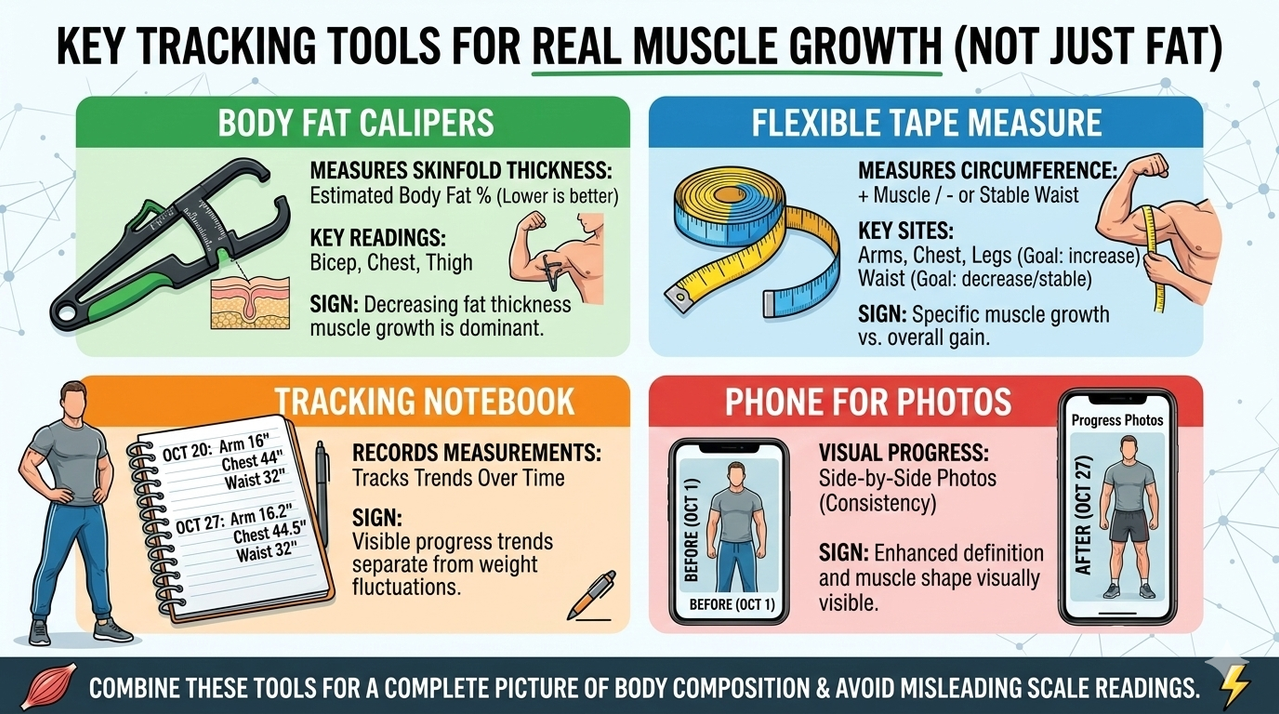 Collection of tracking tools including calipers, tape measure, notebook, and phone for photos to identify signs you are actually gaining muscle, not just fat