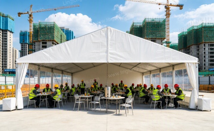 Workers rest tent anchoring system with expansion bolts and ballast weights for typhoon-prone coastal areas