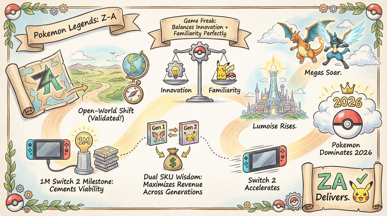 Pokemon Legends Z-A urban Lumoise cityscape with mega evolutions soaring overhead