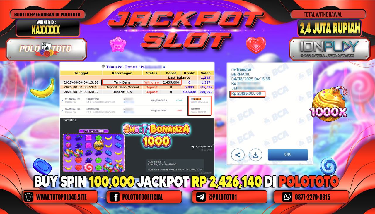 POLOTOTO JACKPOT SLOT SWEET BONANZA 1000 Rp.2.400.000,-LUNAS