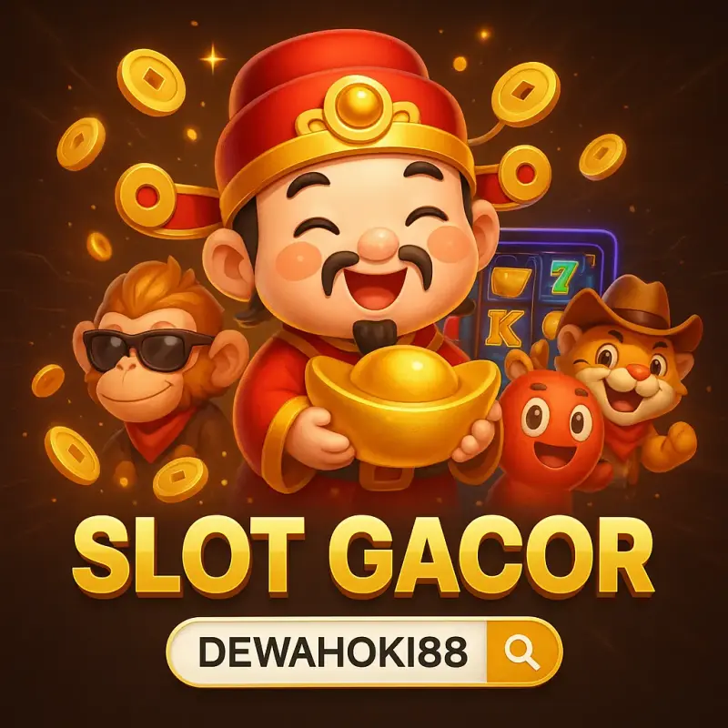 ilustrasi Chibi Dewa Hoki tersenyum, dikelilingi karakter slot 3D dan latar slot digital.