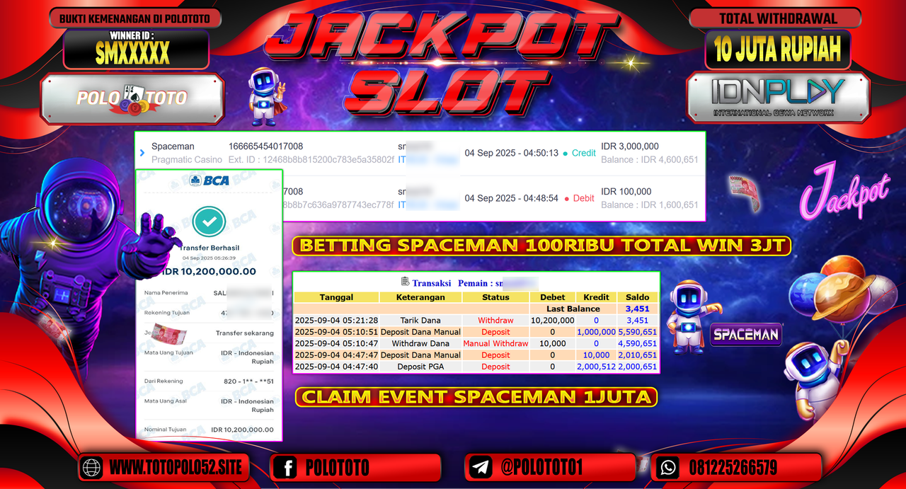 POLOTOTO JACKPOT SLOT SPACEMAN Rp.10.200.000,-