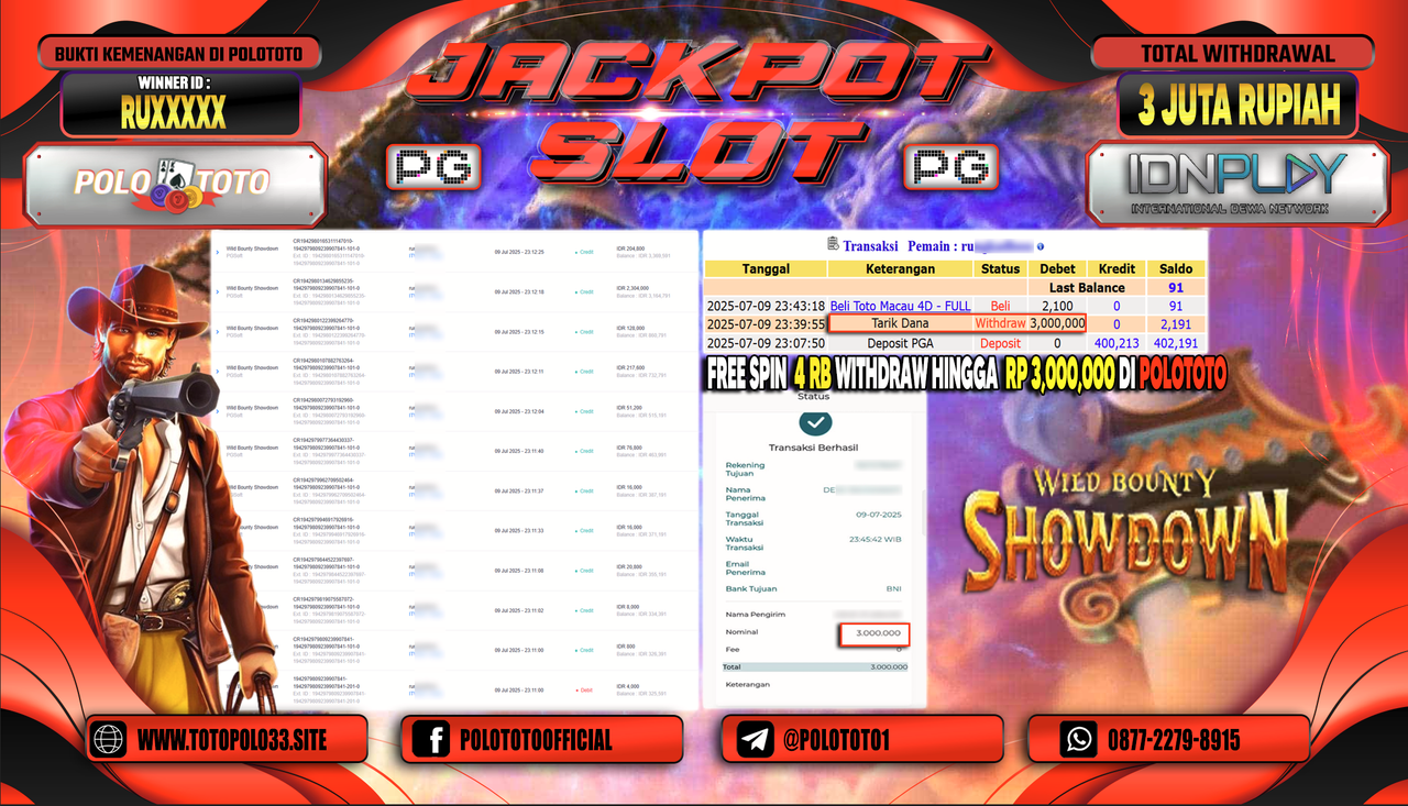 POLOTOTO JACKPOT SLOT WILD BOUNTY SHOWDOWN Rp.3.000.000,-