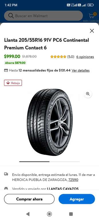 Walmart: Llanta 205/55R16 contipremium contact 6 
