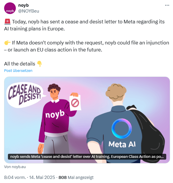noyb schickt Meta eine Unterlassungserklärung wegen AI-Training