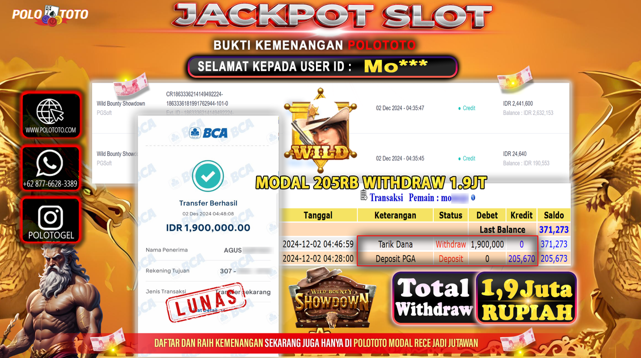 POLOTOTO JACKPOT SLOT WILD BOUNTY SHOWDOWN Rp.1,900.000,-
