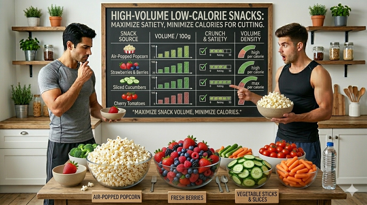 High-volume snacks including air-popped popcorn, berries, and vegetables for best high-volume low-calorie foods for cutting
