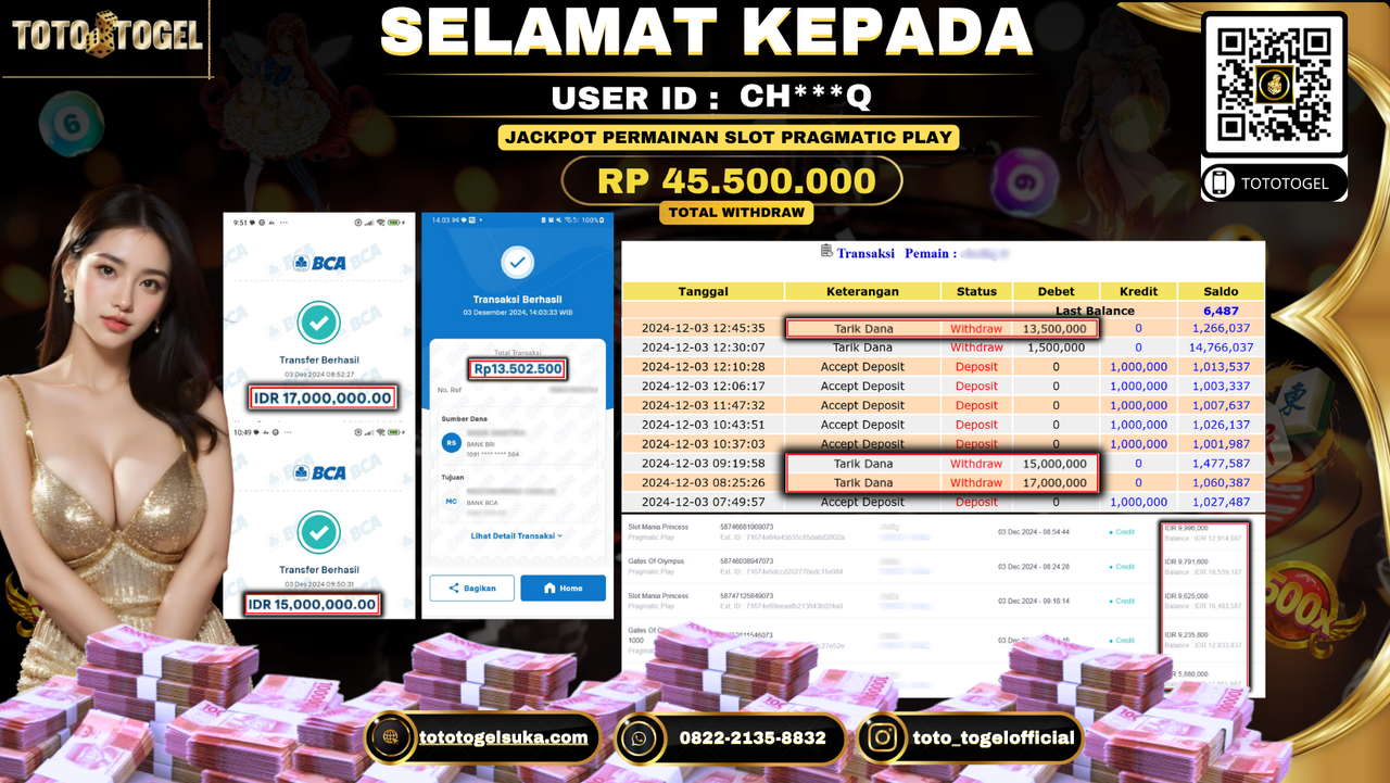 Bukti Pembayaran Jackpot Permainan Slot Pragmatic Play ID: CH***Q LUNAS 
