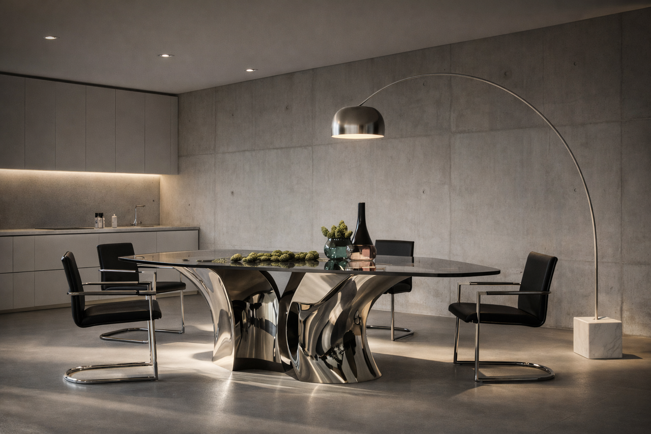 Modern minimalist dining room with focused lighting.