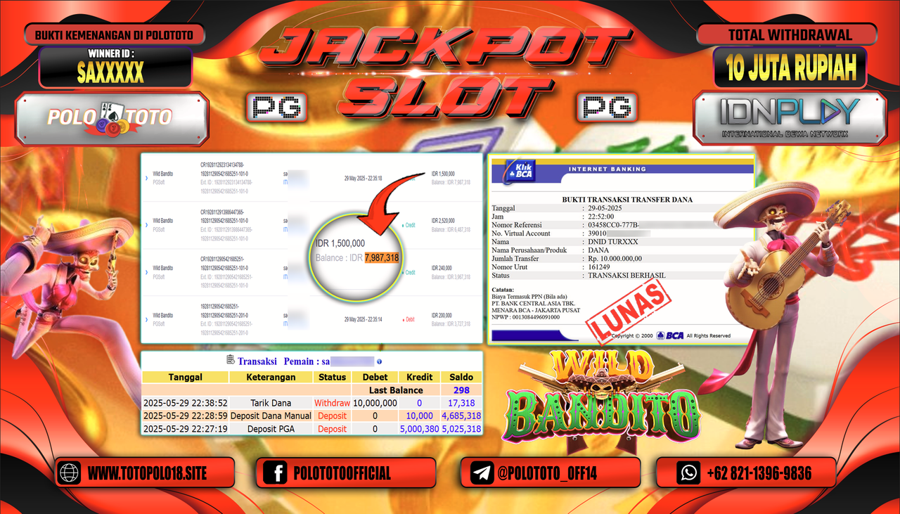 POLOTOTO JACKPOT SLOT WILD BANDITO Rp.10.000.000,-