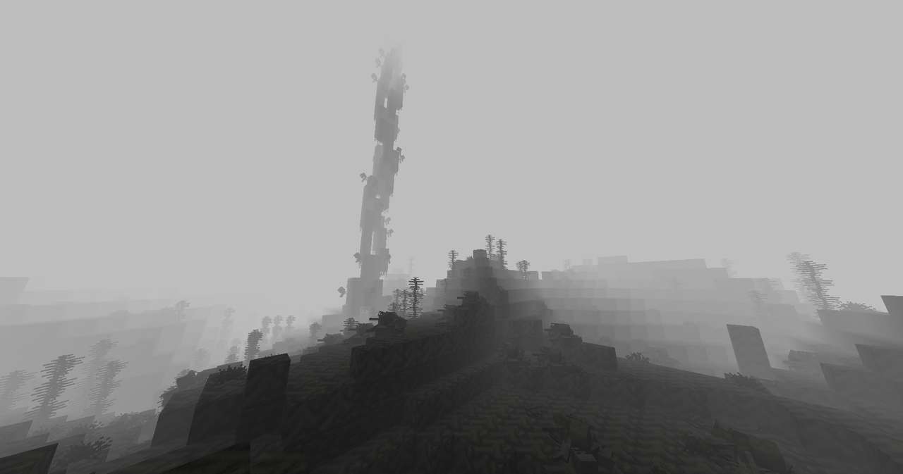 Mist-filled bone dunes with spirals reaching the sky