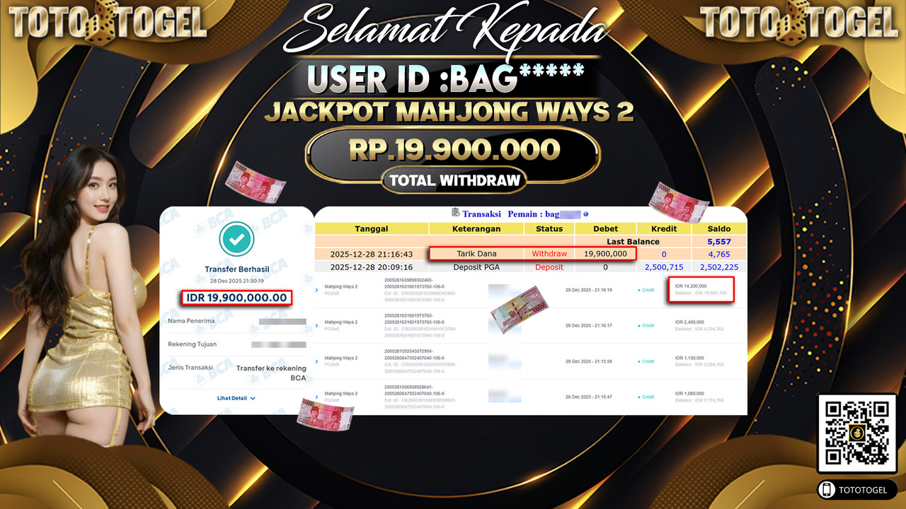 Bukti Pembayaran Jackpot Permainan Slot Mahjong Ways 2 ID:BAG**** LUNAS