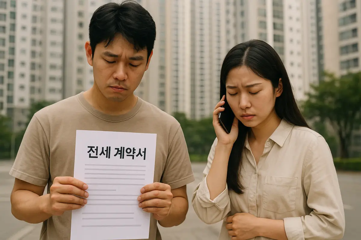 전대차 계약서 앞에서 당황한 한국 세입자, 도시 배경, 리얼 상황 묘사