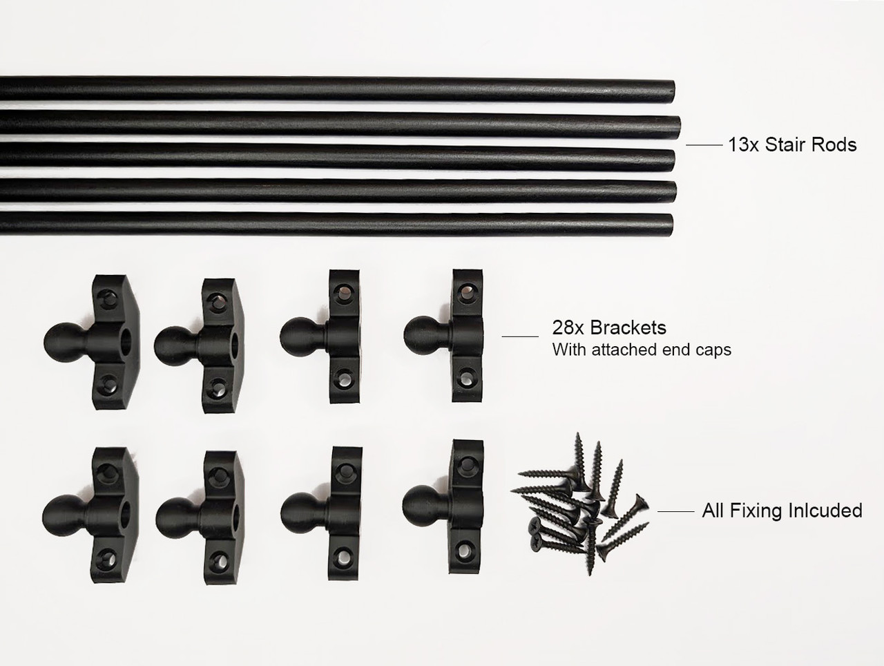 Stair rod set contents including rods, brackets and fixings