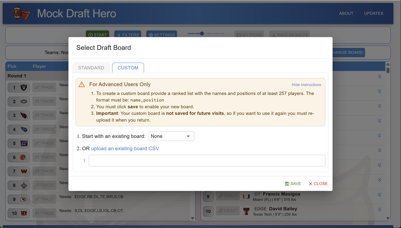 mock draft hero custom board