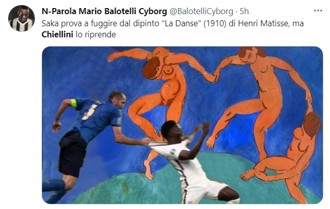 Saka prova a fuggire dal dipinto “La Danse” (1910) di Henri Matisse, ma Chiellini lo riprende