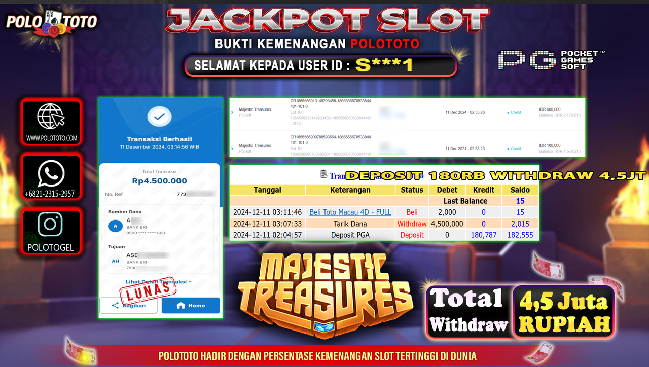 POLOTOTO JACKPOT SLOT MAJESTIC TREASURES Rp.4,500.000,-